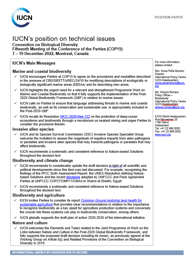 IUCN Position Paper CBD COP15 - technical issues thumbnail cover